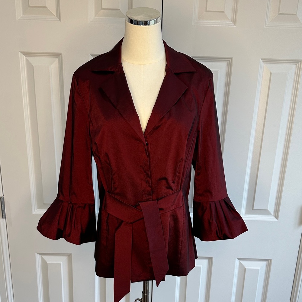 Adrianna Papell Shimmering Burgundy Ruffle Bell Sleeves Tie Waist Blause Size 14
